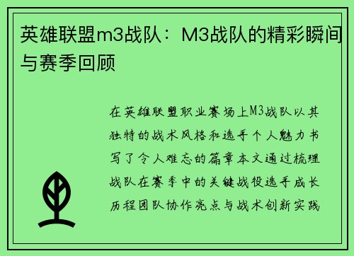英雄联盟m3战队：M3战队的精彩瞬间与赛季回顾