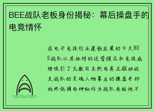 BEE战队老板身份揭秘：幕后操盘手的电竞情怀