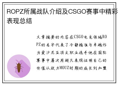 ROPZ所属战队介绍及CSGO赛事中精彩表现总结