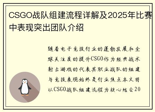 CSGO战队组建流程详解及2025年比赛中表现突出团队介绍